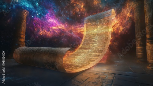 A glowing ancient scroll with writing on it unfurling in a dark room with columns and a colorful cosmic nebula in the background.