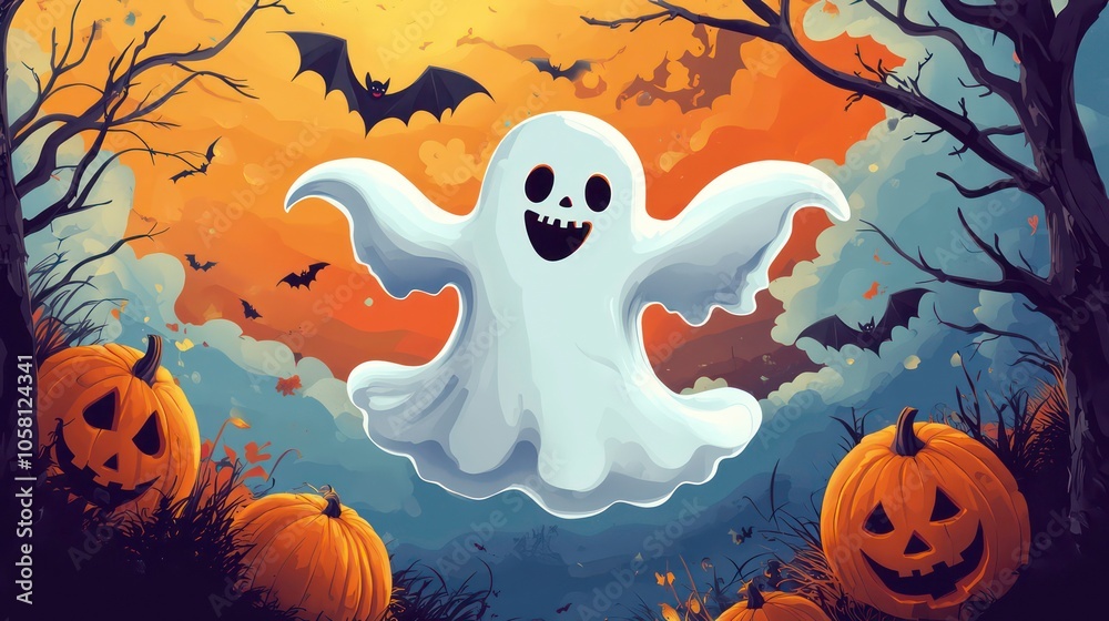 A friendly ghost with a wide smile floats in the air against a spooky Halloween backdrop with pumpkins, bats, and falling leaves. A friendly ghost with a wide smile floats in the air against a spooky Halloween backdrop with pumpkins, bats, and falling leaves.