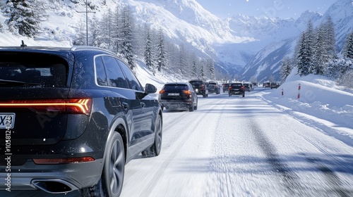 Snow blankets the mountain road as an SUV struggles through traffic, surrounded by cars stuck in heavy winter conditions
