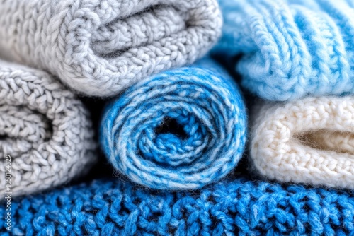 Rolled gray and blue knit blankets with cozy textures ideal for winter decor home aesthetics or comfortable cold weather styling emphasizing warmth and soft layered designs