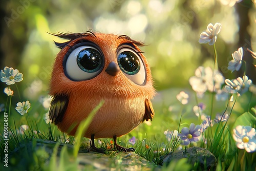 Cute cartoon character with expressive eyes in a natural setting, blending animation with realistic backgrounds.