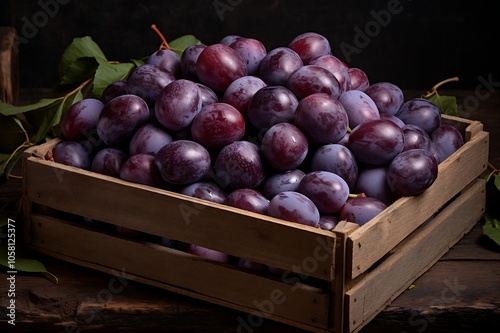 Fresh Damson Plums in wooden crate