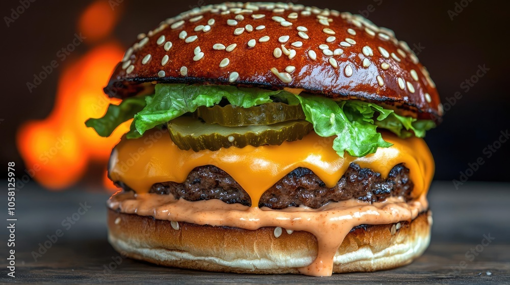 Delicious cheeseburger with fresh lettuce, pickles, and melted cheese, isolated background. Delicious cheeseburger with fresh lettuce, pickles, and melted cheese, isolated background.