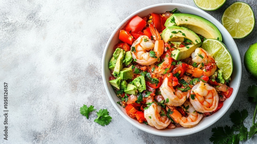 Vibrant overhead photo of fresh shrimp ceviche with lime and avocado garnish for a refreshing summer dish Vibrant overhead photo of fresh shrimp ceviche with lime and avocado garnish for a refreshing summer dish