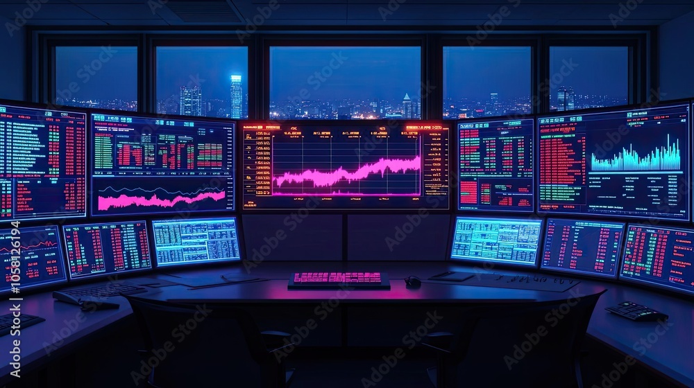 High-tech trading desk with multiple monitors displaying stock data and charts. High-tech trading desk with multiple monitors displaying stock data and charts.
