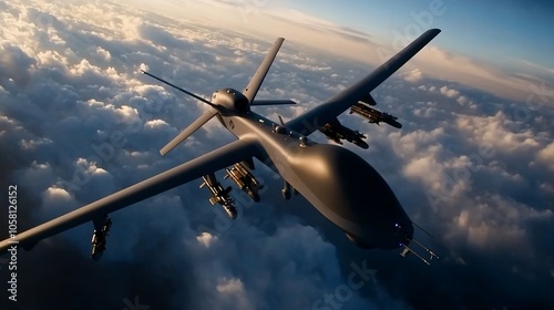 A gray unmanned aerial vehicle flies through a cloudy sky.