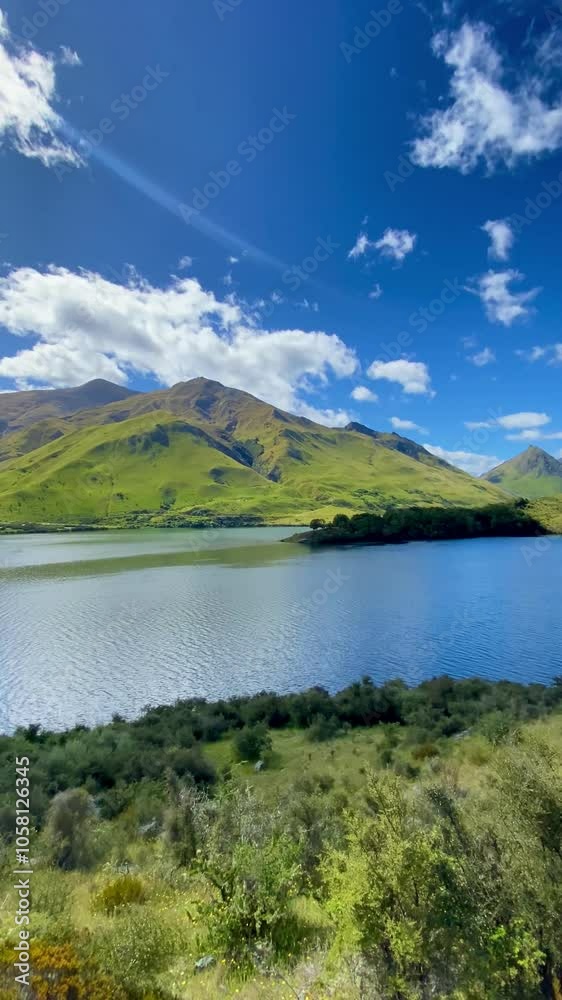 Scenic view of Moke Lake among the valley in Queenstown, New Zealand. Landscape with lake, mountains and blue sky with clouds Scenic view of Moke Lake among the valley in Queenstown, New Zealand. Landscape with lake, mountains and blue sky with clouds