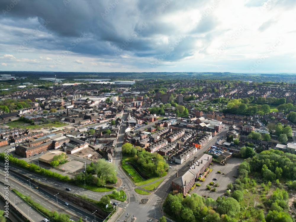 High Angle View of Central Stock-on-Trent City of England, United Kingdom. Aerial Footage Was Captured with Drone's Camera During Mostly Cloudy Day of May 4th, 2024 High Angle View of Central Stock-on-Trent City of England, United Kingdom. Aerial Footage Was Captured with Drone's Camera During Mostly Cloudy Day of May 4th, 2024