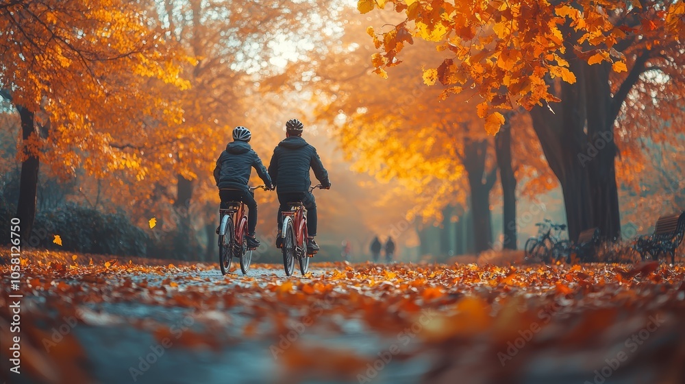 Family Riding Bicycles in Autumn Park