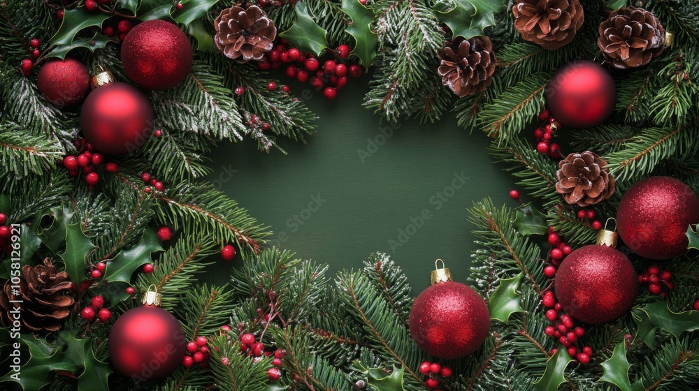 A wreath made from green pine branches and red berries is decorated with red ornaments and pine cones. A wreath made from green pine branches and red berries is decorated with red ornaments and pine cones.