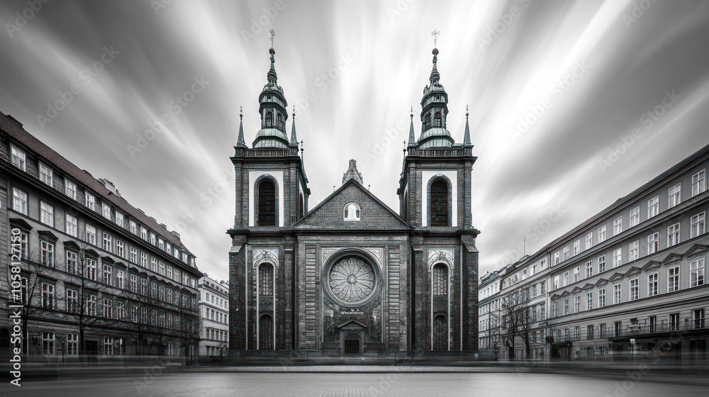 Obraz premium A black and white image of a historic church with twin spires, captured with a long exposure to create a dynamic sky.