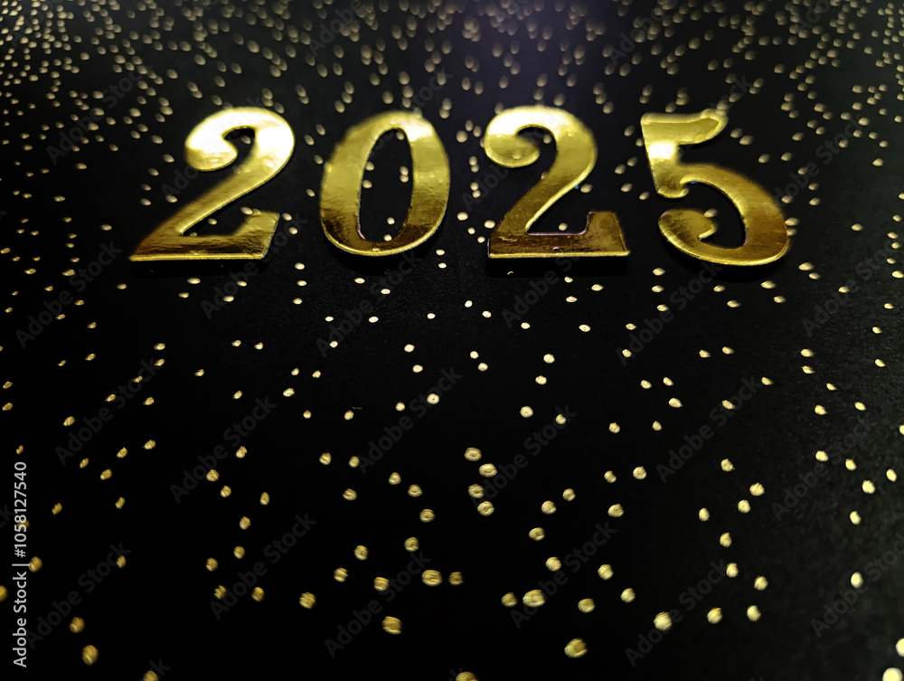 New Year 2025 golden numbers on a black background starry sky
