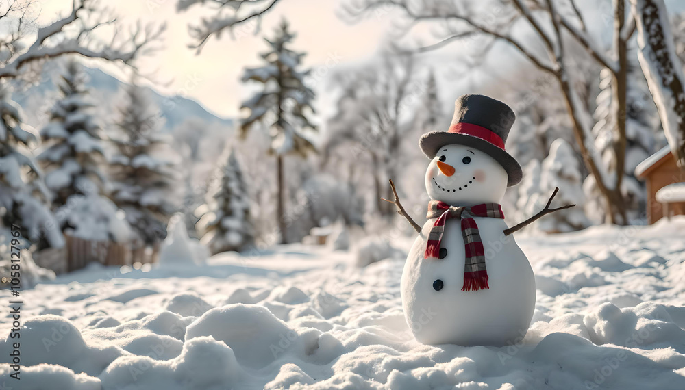 A joyful snowman stands proudly in a breathtaking winter landscape, surrounded by sparkling snow and frosty trees, providing a perfect backdrop with ample space for your personalized message A joyful snowman stands proudly in a breathtaking winter landscape, surrounded by sparkling snow and frosty trees, providing a perfect backdrop with ample space for your personalized message