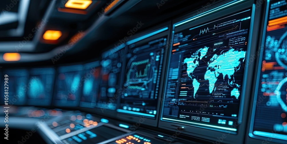 Obraz premium Futuristic control room with digital screens displaying data and maps.