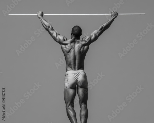 Muscular man hanging from a bar, back view, black and white, strength, power, fitness, bodybuilder, gym. photo