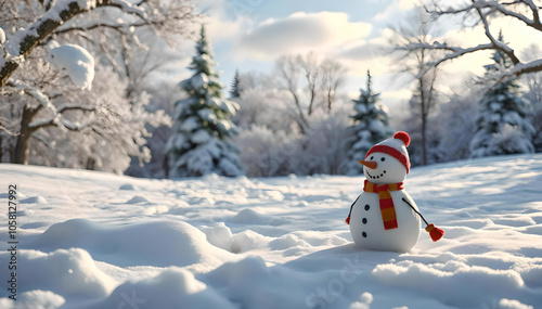 A joyful snowman stands proudly in a breathtaking winter landscape, surrounded by sparkling snow and frosty trees, providing a perfect backdrop with ample space for your personalized message