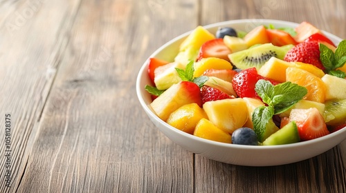 Tasty fruit salad in bowl and ingredients on wooden table, closeup with space for text