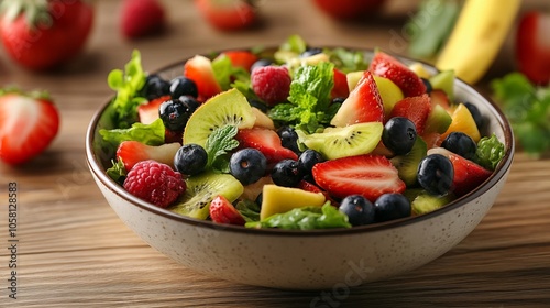 Tasty fruit salad in bowl and ingredients on wooden table, closeup with space for text