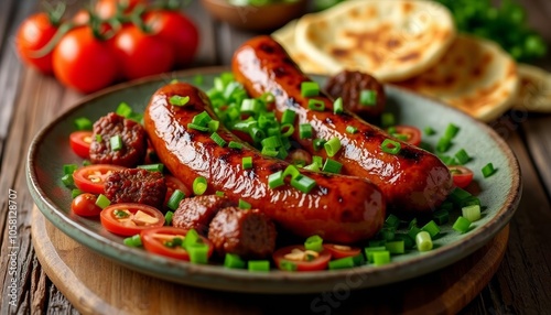  Grilled sausage and vegetables on a rustic table