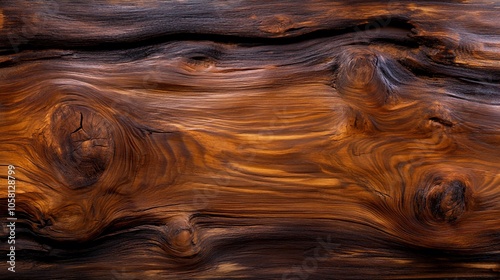 Closeup of rich, dark wood grain with knots and swirling patterns.