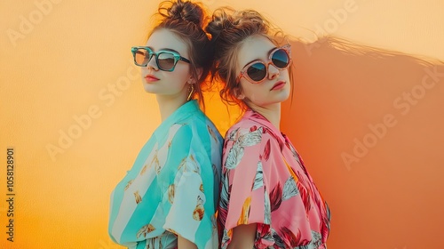 Two women with messy buns wearing sunglasses and floral shirts against an orange wall