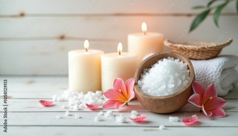 Elegant spa ambiance with candles and flowers Elegant spa ambiance with candles and flowers