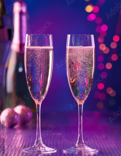 Two glasses of champagne on a table with purple and pink lights in the background.