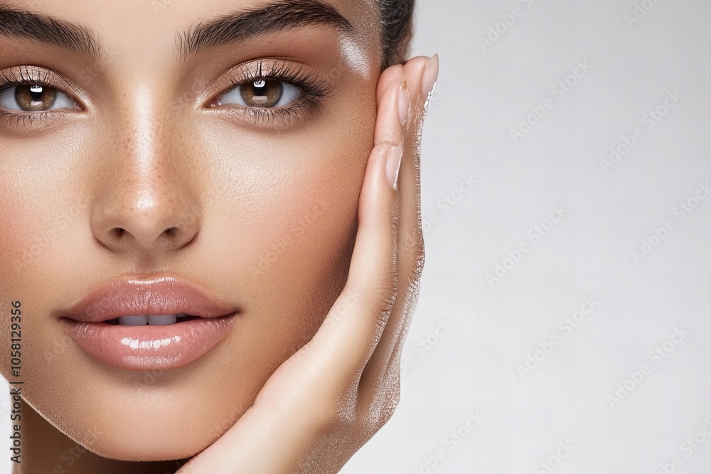A radiant close-up of a woman’s face with glowing skin, soft makeup, and a natural beauty look, symbolizing elegance and confidence A radiant close-up of a woman’s face with glowing skin, soft makeup, and a natural beauty look, symbolizing elegance and confidence