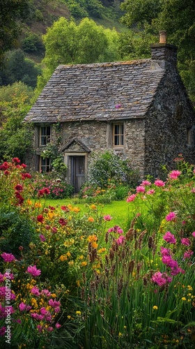 Serene Old Stone Cottage Surrounded by Colorful Flowers