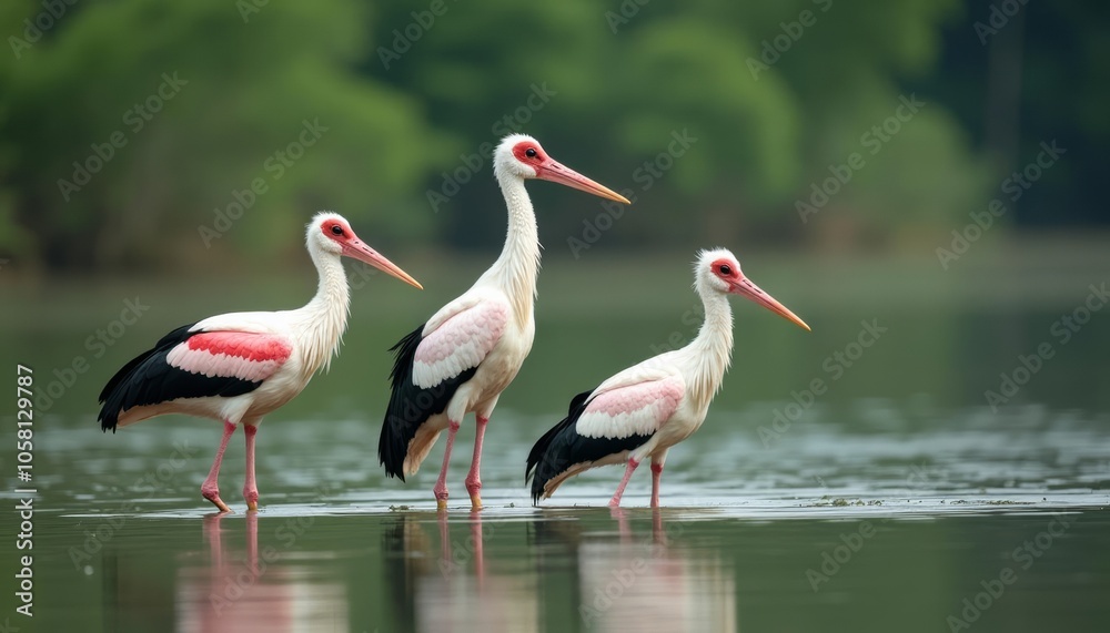 Obraz premium Peaceful scene of three flamingos standing in a pond
