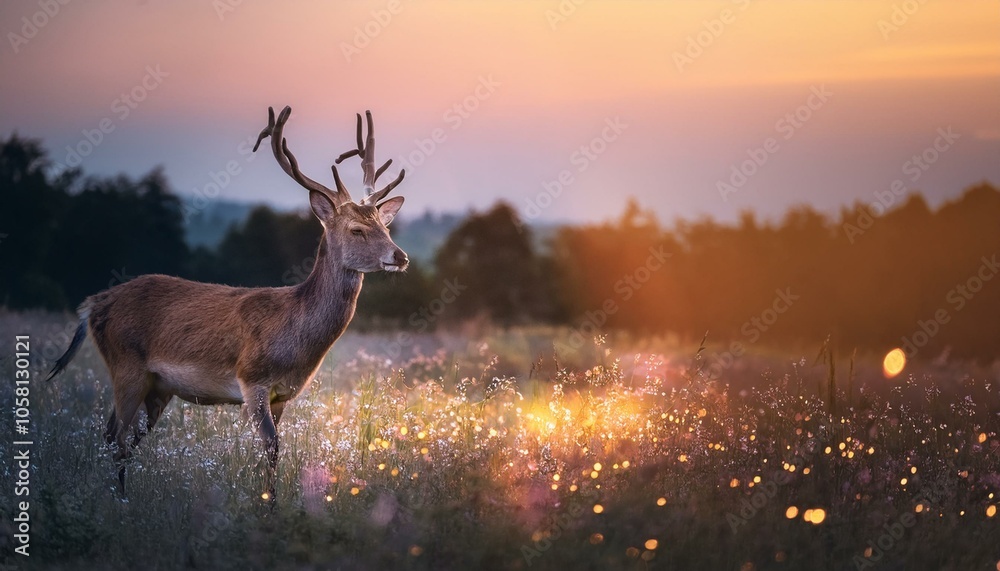 Fototapeta premium A majestic deer with large antlers stands in a field of wildflowers at sunset.