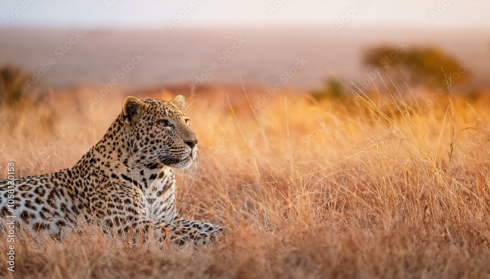 A leopard lies in wait, camouflaged in tall grass, its eyes focused on something in the distance. A leopard lies in wait, camouflaged in tall grass, its eyes focused on something in the distance.