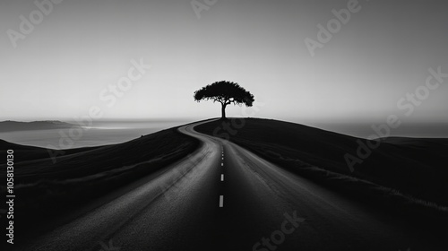 A solitary tree at the end of a winding road, captured in a serene black-and-white landscape, symbolizing solitude, journey, and introspection