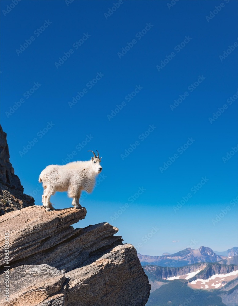 Fototapeta premium A mountain goat stands on a rocky cliff, overlooking the vast mountain ranges. The bright blue sky and snowy peaks create a stunning backdrop.