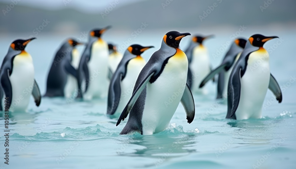 Obraz premium Penguins in formation ready to dive into the deep