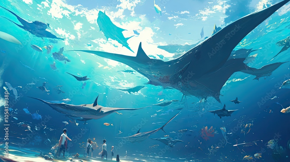 Fototapeta premium A Group of People Standing on a Beach Looking Up at a School of Fish and a Giant Manta Ray