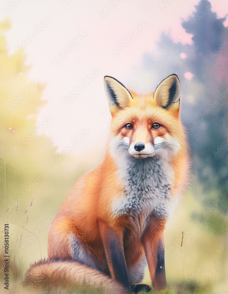A red fox sits in a grassy meadow, its orange fur glowing in the soft light. A red fox sits in a grassy meadow, its orange fur glowing in the soft light.