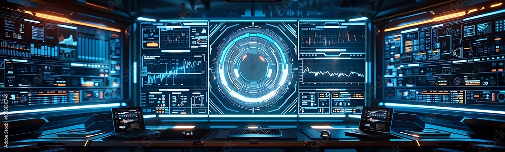 A futuristic control room with glowing screens displaying complex data and analytics in a sleek, high-tech environment. A futuristic control room with glowing screens displaying complex data and analytics in a sleek, high-tech environment.
