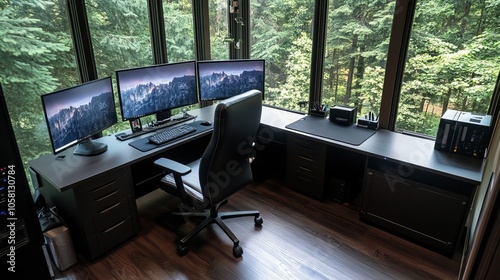 A serene home office setup with triple monitors overlooking a lush forest view, blending technology with nature for a balanced and inspiring work environment photo