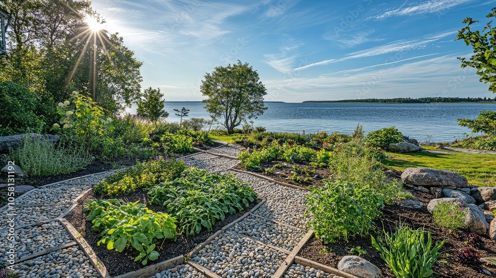 Naklejka premium Serene Seafood Themed Garden with Herbs and Water View