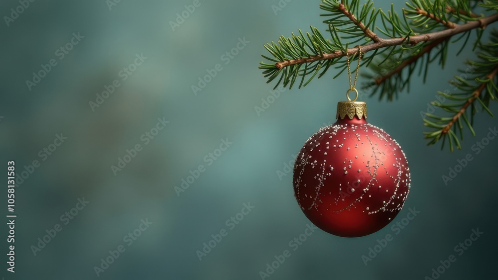 Red Christmas ornament hanging on pine branch with blurred background Red Christmas ornament hanging on pine branch with blurred background