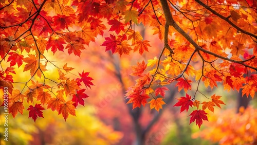 A sprawling branch of maple trees in full fall color with leaves in shades of red orange and yellow, changing seasons, maple tree, forest landscape