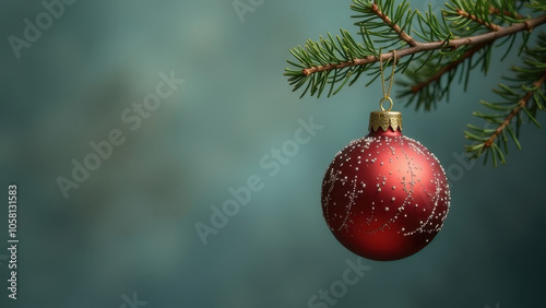 Red Christmas ornament hanging on pine branch with blurred background