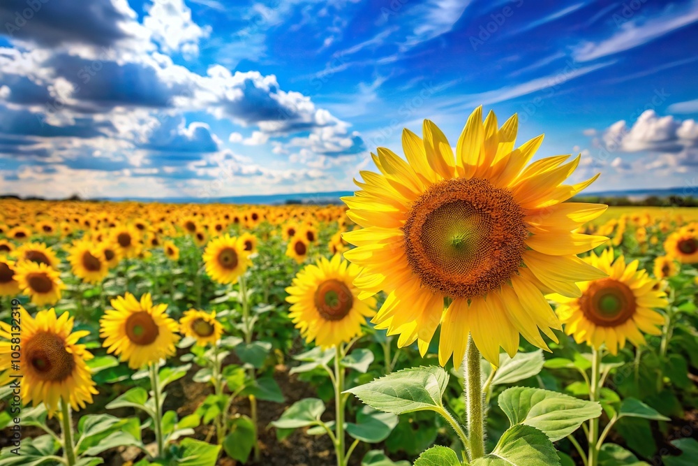 Bright yellow sunflowers in a field with green grass and blue sky, garden, bright, blooming Bright yellow sunflowers in a field with green grass and blue sky, garden, bright, blooming