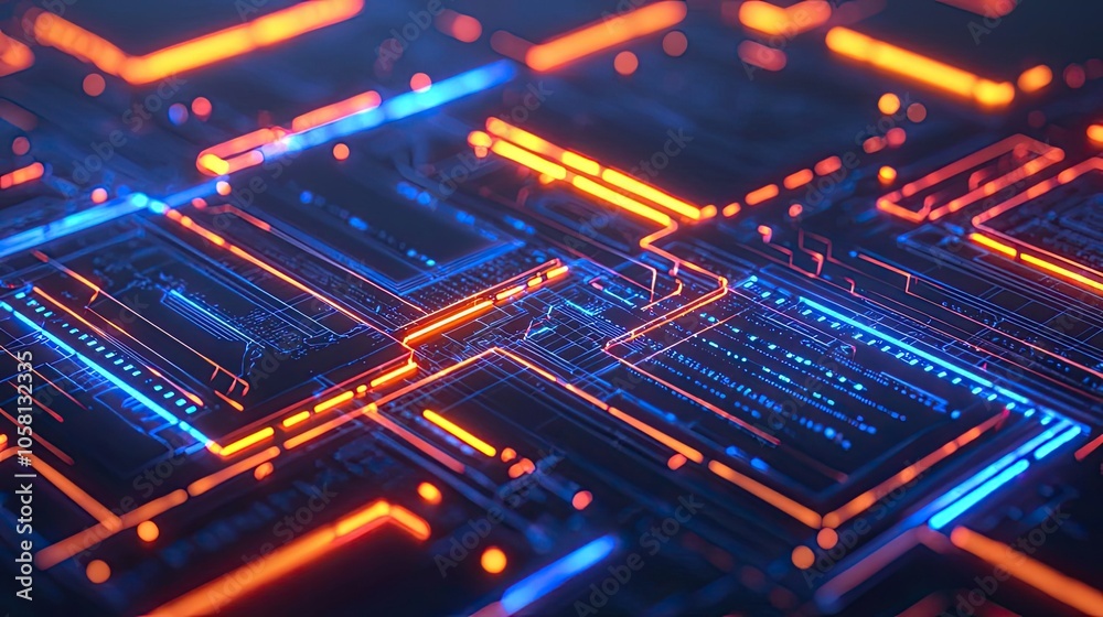 Futuristic circuit board design with vibrant blue and orange glowing lines. Futuristic circuit board design with vibrant blue and orange glowing lines.