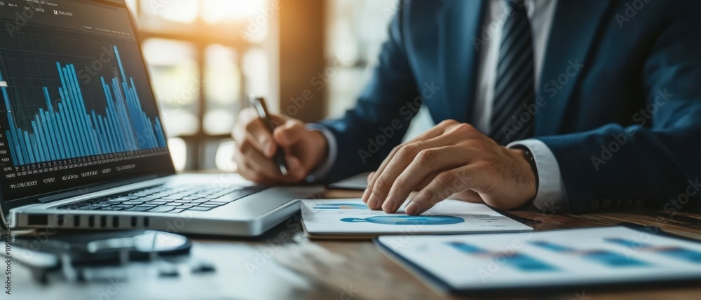 Financial advisor analyzing stock market trends and data on a laptop with graphs and charts for strategic investments Financial advisor analyzing stock market trends and data on a laptop with graphs and charts for strategic investments