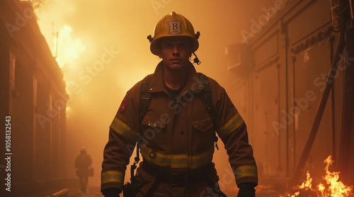 A weary but determined firefighter wearing a helmet emerges from the smoke.
 photo