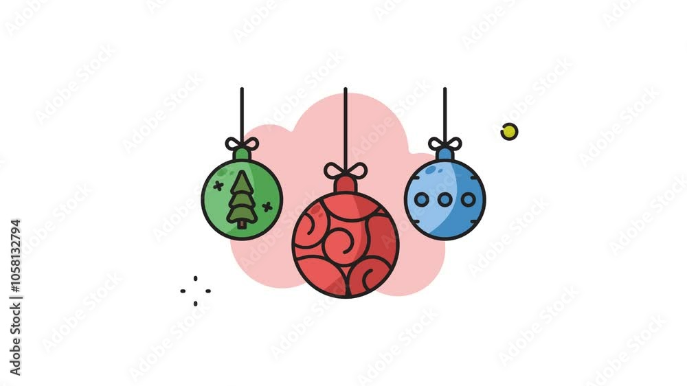 christmas ball line art color animation 2d video for celebration x mas , simple decoration winter icon animated footage motion graphic illustration design