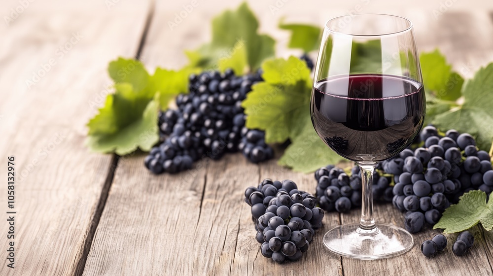 Fototapeta premium A glass of red wine beside fresh grapes on a wooden table in a cozy dining setting during the afternoon sun