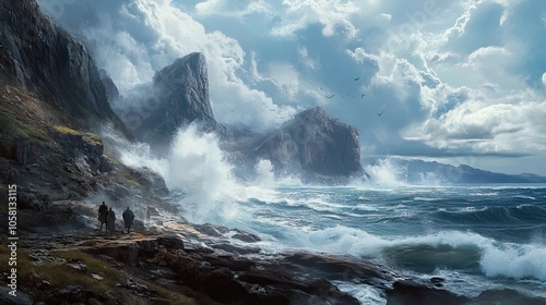 Three Figures Standing on a Rocky Coastline with a Stormy Sea in the Background